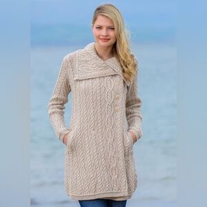 Aran Crafts Women’s Large Collar Aran Coat Merino Wool made in Ireland Large